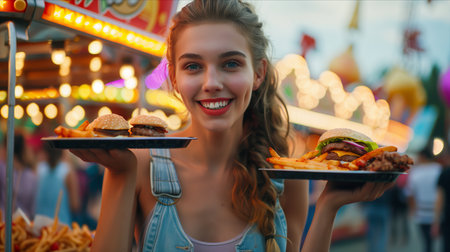 Caucasian woman holding fast food in two hands at carnival.の素材