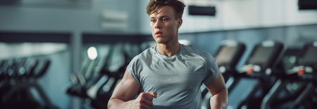 Caucasian man running on treadmill in gym.の素材