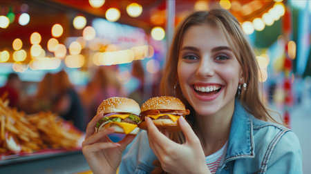 Caucasian woman holding fast food in two hands at carnival.の素材