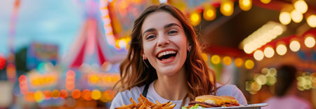 Caucasian woman holding fast food in two hands at carnival.の素材