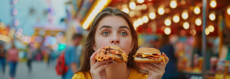 Caucasian woman holding fast food in two hands at carnival.の素材
