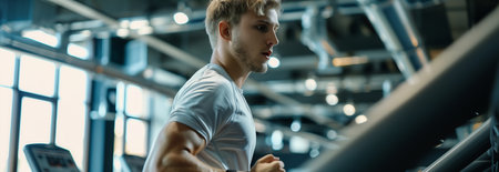 Caucasian man running on treadmill in gym.の素材