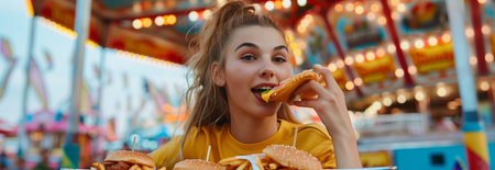 Caucasian woman holding fast food in two hands at carnival.の素材