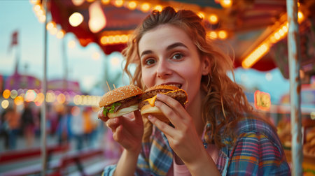 Caucasian woman holding fast food in two hands at carnival.の素材