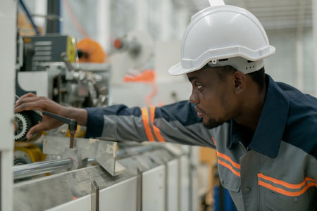 Engineer is repairing machinery in factory. He is checking the operation of the engine.の写真素材