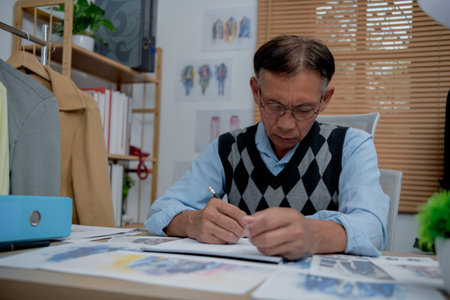 Asian man designs clothes by sketching in office.