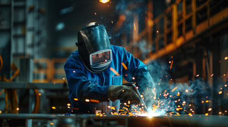 Male worker in uniform welding iron in factory.の素材