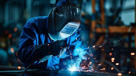 Male worker in uniform welding iron in factory.の素材