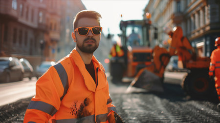 Caucasian male worker looks at camera with expression Confident in building roads in the city.の素材