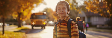 A Caucasian male schoolboy carrying a backpack is traveling on a school bus.の素材