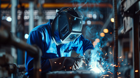Male worker in uniform welding iron in factory.の素材