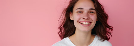 Caucasian woman wearing t-shirt on pink background.の素材