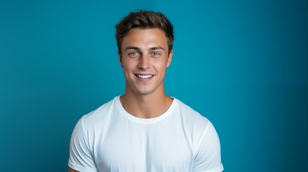 Caucasian man wearing a t-shirt on a blue background.の素材