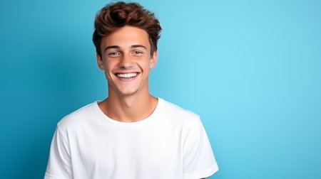 Caucasian man wearing a t-shirt on a blue background.の素材
