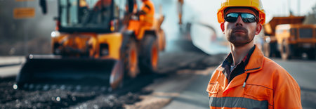 Caucasian male worker looks at camera with expression Confident in building roads in the city.の素材