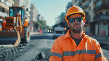 Caucasian male worker looks at camera with expression Confident in building roads in the city.の素材