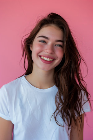 Caucasian woman wearing t-shirt on pink background.の素材