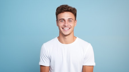 Caucasian man wearing a t-shirt on a blue background.の素材