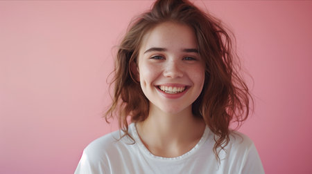 Caucasian woman wearing t-shirt on pink background.の素材
