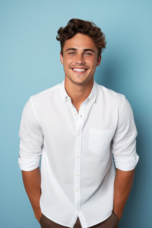 Caucasian man wearing a t-shirt on a blue background.の素材