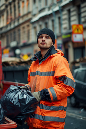 Caucasian male garbage worker carrying garbage bags in the city.の素材