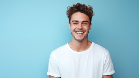 Caucasian man wearing a t-shirt on a blue background.の素材