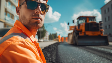 Caucasian male worker looks at camera with expression Confident in building roads in the city.の素材