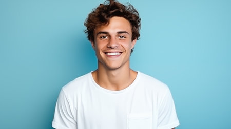Caucasian man wearing a t-shirt on a blue background.の素材