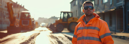 Caucasian male worker looks at camera with expression Confident in building roads in the city.の素材