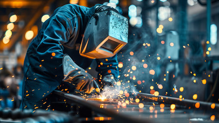 Male worker in uniform welding iron in factory.の素材