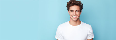 Caucasian man wearing a t-shirt on a blue background.の素材