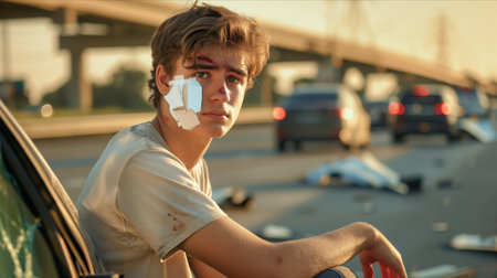 Caucasian man injured in road car accident.の素材