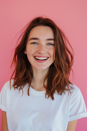 Caucasian woman wearing t-shirt on pink background.の素材