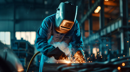 Male worker in uniform welding iron in factory.の素材