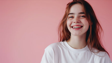 Caucasian woman wearing t-shirt on pink background.の素材