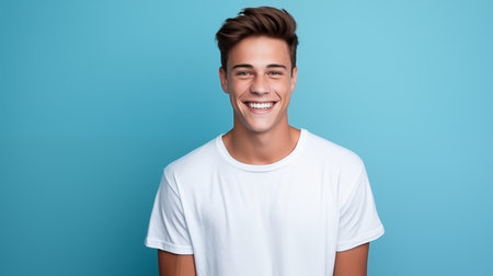 Caucasian man wearing a t-shirt on a blue background.の素材