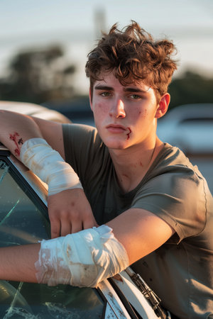 Caucasian man injured in road car accident.の素材