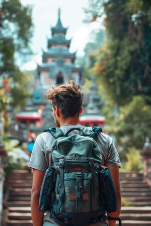 Rear view of a young man carrying a backpack to tour the temple.の素材