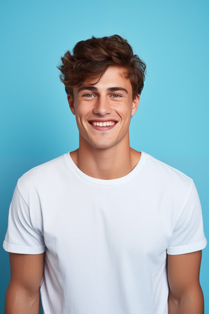 Caucasian man wearing a t-shirt on a blue background.の素材