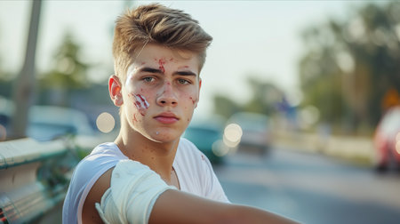 Caucasian man injured in road car accident.の素材