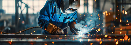 Male worker in uniform welding iron in factory.の素材