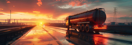 Oil trucks are driving out of the oil depot.の素材