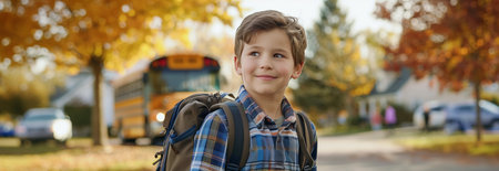 A Caucasian male schoolboy carrying a backpack is traveling on a school bus.の素材