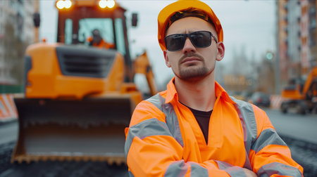 Caucasian male worker looks at camera with expression Confident in building roads in the city.の素材