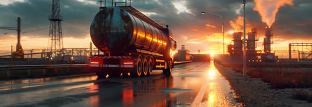 Oil trucks are driving out of the oil depot.の素材