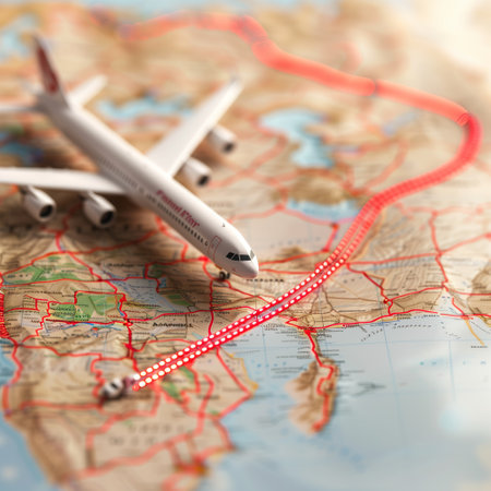 Airplane route plan, planning travel routes.の素材