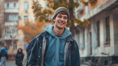 Caucasian man walking in the city with his skateboard.の素材