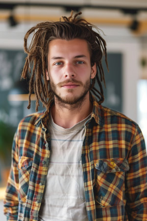 Caucasian male designer wearing casual clothes working in the office.の素材