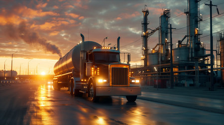 Oil trucks are driving out of the oil depot.の素材