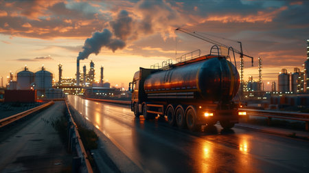 Oil trucks are driving out of the oil depot.の素材